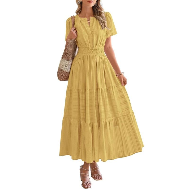 BTFBM Women's Summer 2026 Casual Maxi Dress Lightweight Short Sleeve V Neck Boho Dress with Pockets[Buy 2 Free Shipping]