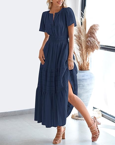 BTFBM Women's Summer 2026 Casual Maxi Dress Lightweight Short Sleeve V Neck Boho Dress with Pockets[Buy 2 Free Shipping]