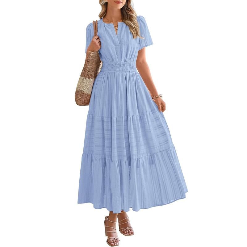 BTFBM Women's Summer 2026 Casual Maxi Dress Lightweight Short Sleeve V Neck Boho Dress with Pockets[Buy 2 Free Shipping]