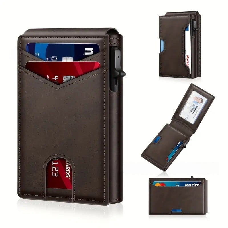 ✨Wallet - With Pop Up Aluminum Case Money Clip Slim Leather Slots Credit Card Holder RFID Blocking Bifold Minimalist Wallet